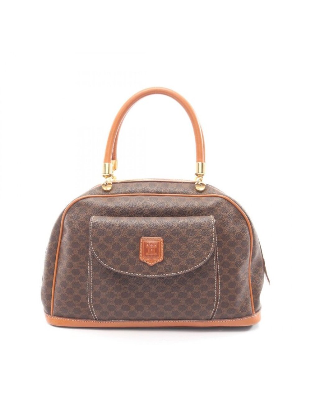 Celine Handbag Macadam Brown Dark Canvas Leather Half Moon Mini Boston